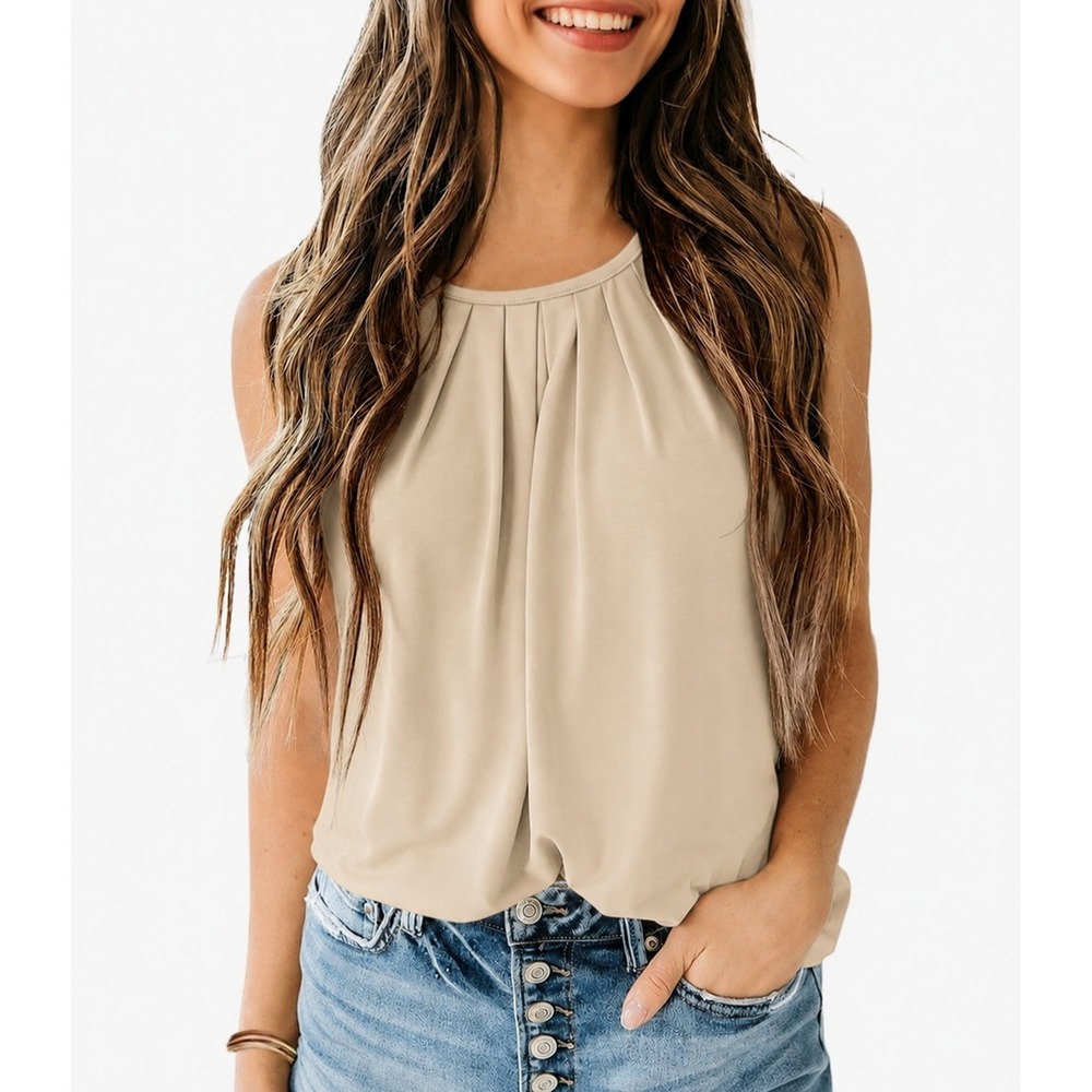 Keyhole Back Tank Top‎ Women Medium Khaki Pleated Round Neck Flowy Summer Basic